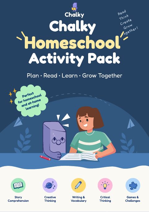 Chalky Homeschool Activity Pack cover: plan, read, learn, grow together, with story comprehension, creative thinking, writing and vocabulary, critical thinking, and games