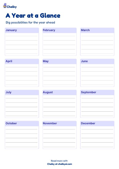 A Year at a Glance sheet: a twelve month calendar for big possibilities in the year ahead