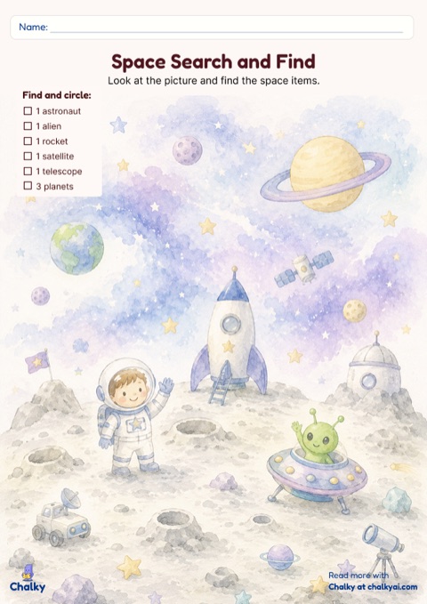 Space Search and Find worksheet: find and circle the astronaut, alien, rocket, satellite, telescope, and planets in a watercolor space scene