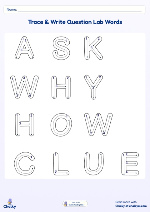 Trace and write worksheet with the question words ask, why, how, and clue in traceable letters